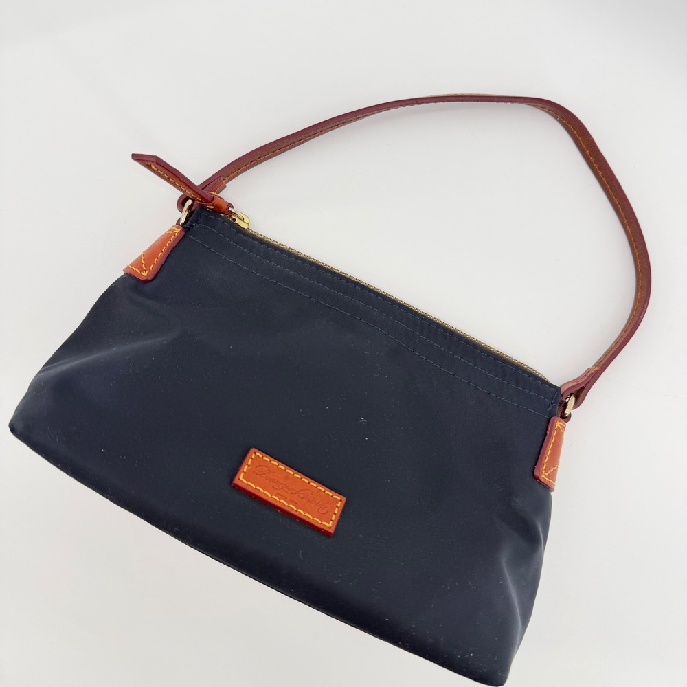 Dooney & Bourke Nylon Shoulder Bag Womens Small Navy‎ Blue Leather Trim Baguette